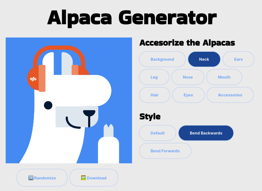 example screenshot of alpaca generator website